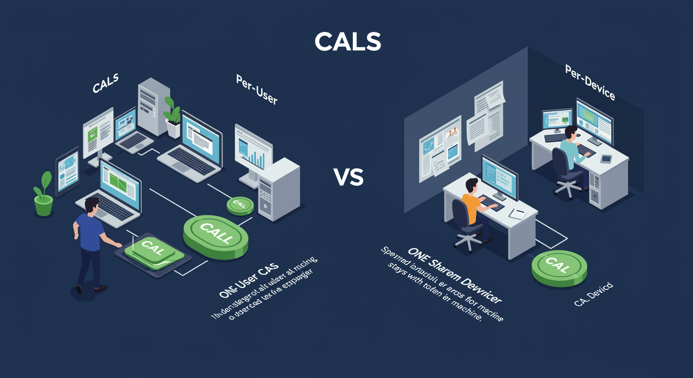 Per-User CAL travels with the user across multiple devices; Per-Device CAL stays with one device used by multiple users; pick by ratio, illustrated TLDR