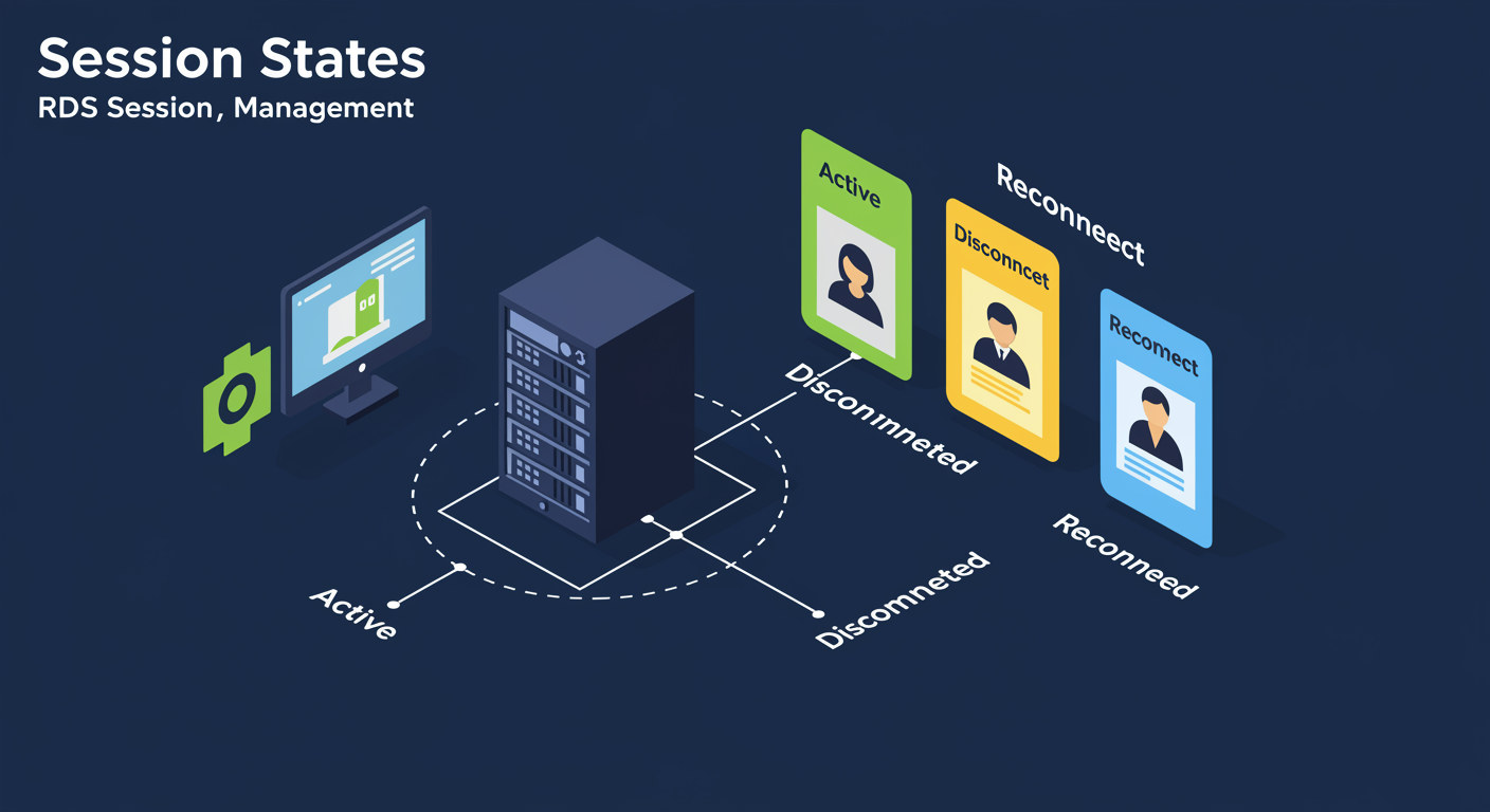 Session states: Active (user connected), Disconnected (user gone but session preserved), Reconnected (user back on same host via Broker), illustrated TLDR