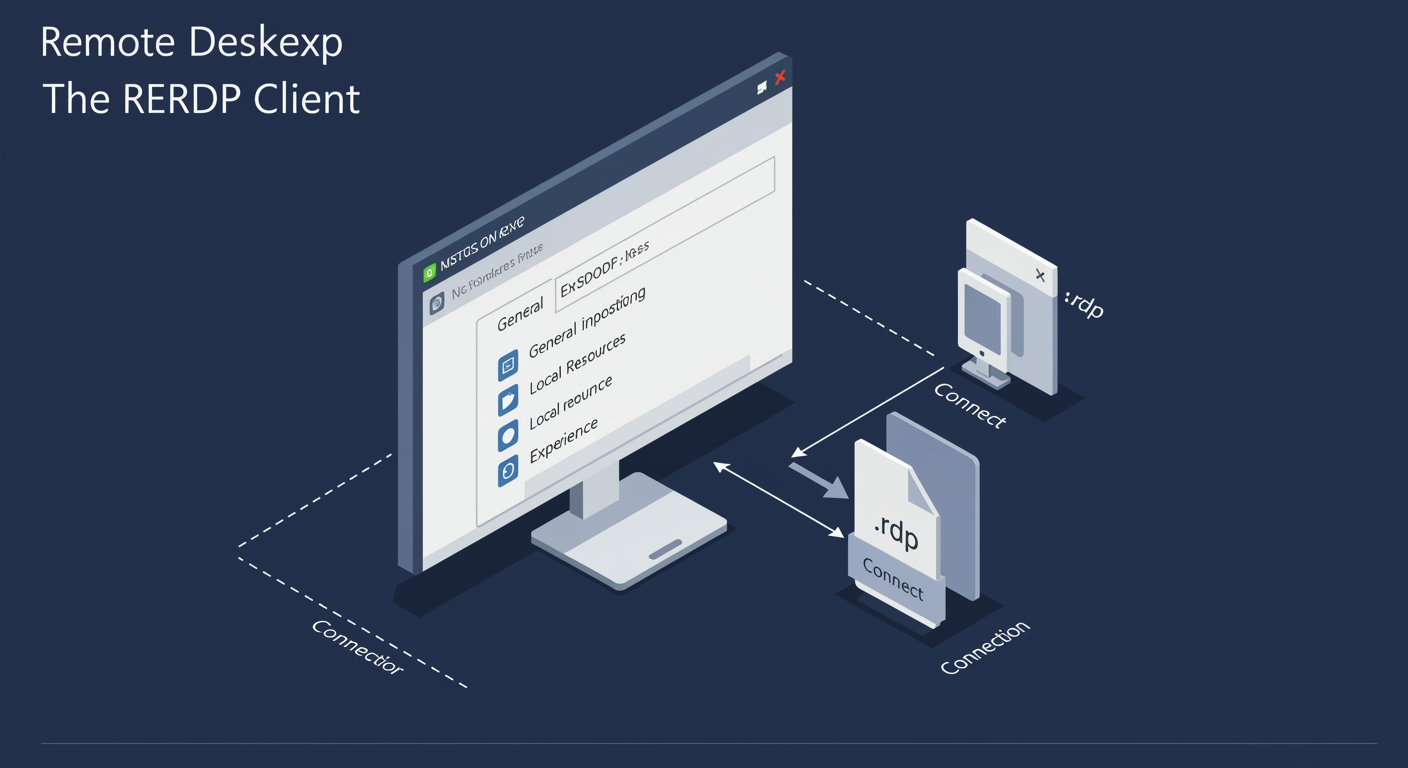 Remote Desktop Connection client: classic mstsc window with tabs and a saved .rdp file ready to connect to Session Host, illustrated TLDR