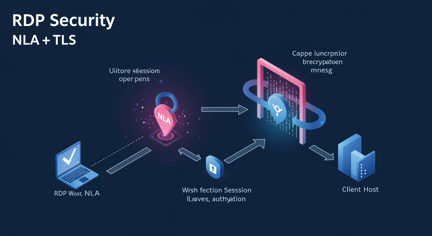 RDP Security: NLA gates session establishment before any RDP data is processed, TLS wraps the connection, illustrated TLDR