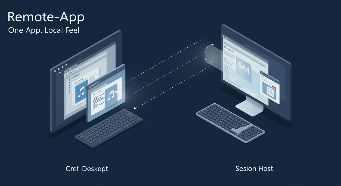 RemoteApp: single remote application window appears on local desktop, tunneled to remote Session Host, looks local to the user, illustrated TLDR