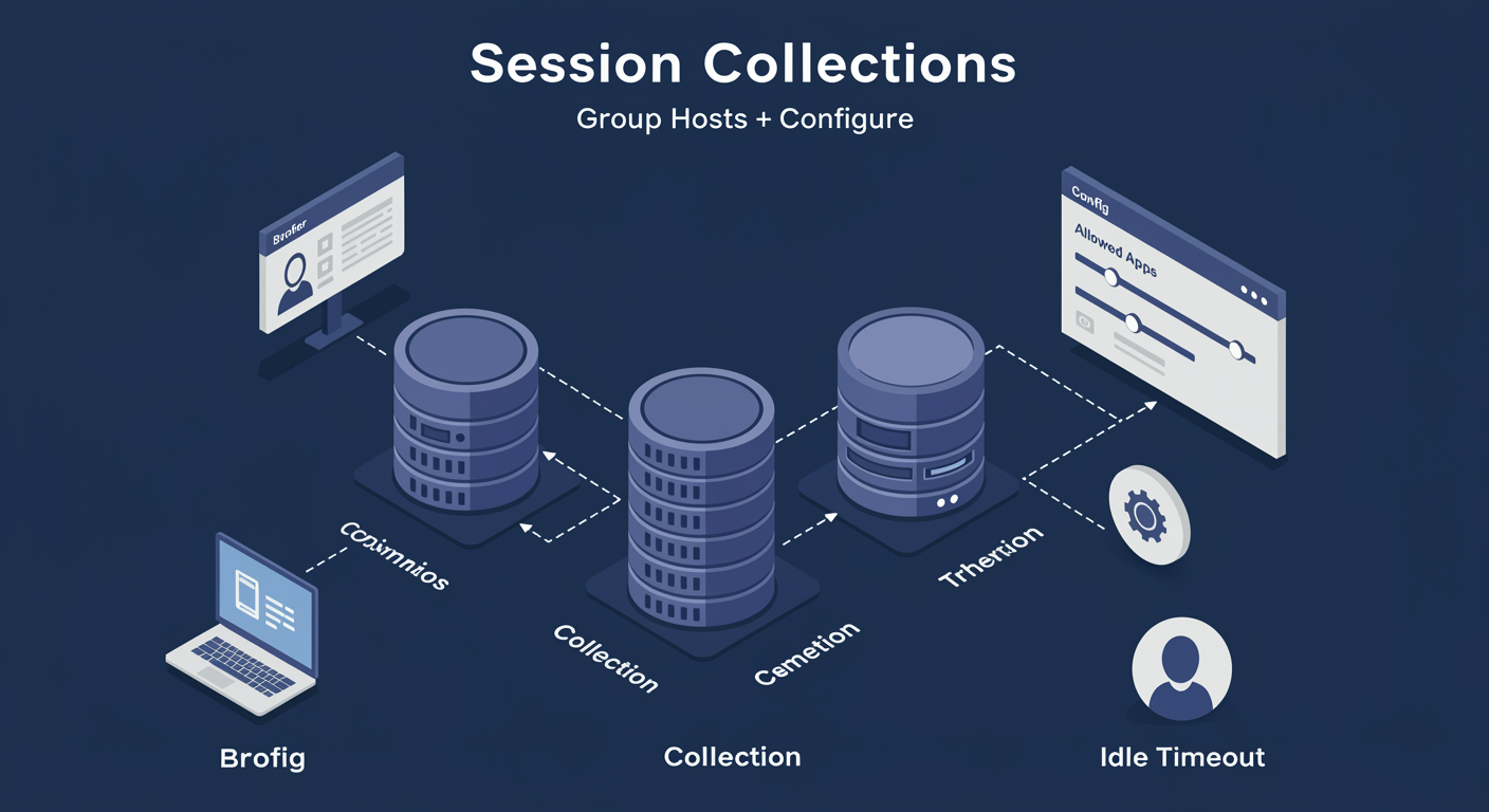 Session Collections: three Session Hosts grouped into one collection with shared config and published resources, illustrated TLDR