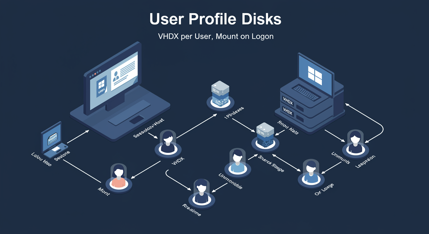 User Profile Disks: per-user VHDX in shared pool, mounts to user's session on logon, dismounts on logoff, illustrated TLDR