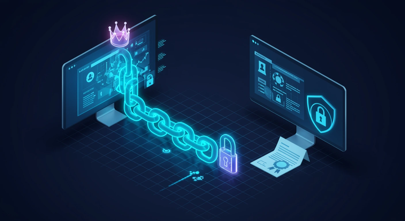 A chain of sealed cryptographic links runs from the root anchor down to the signed zone, each link validating the next.