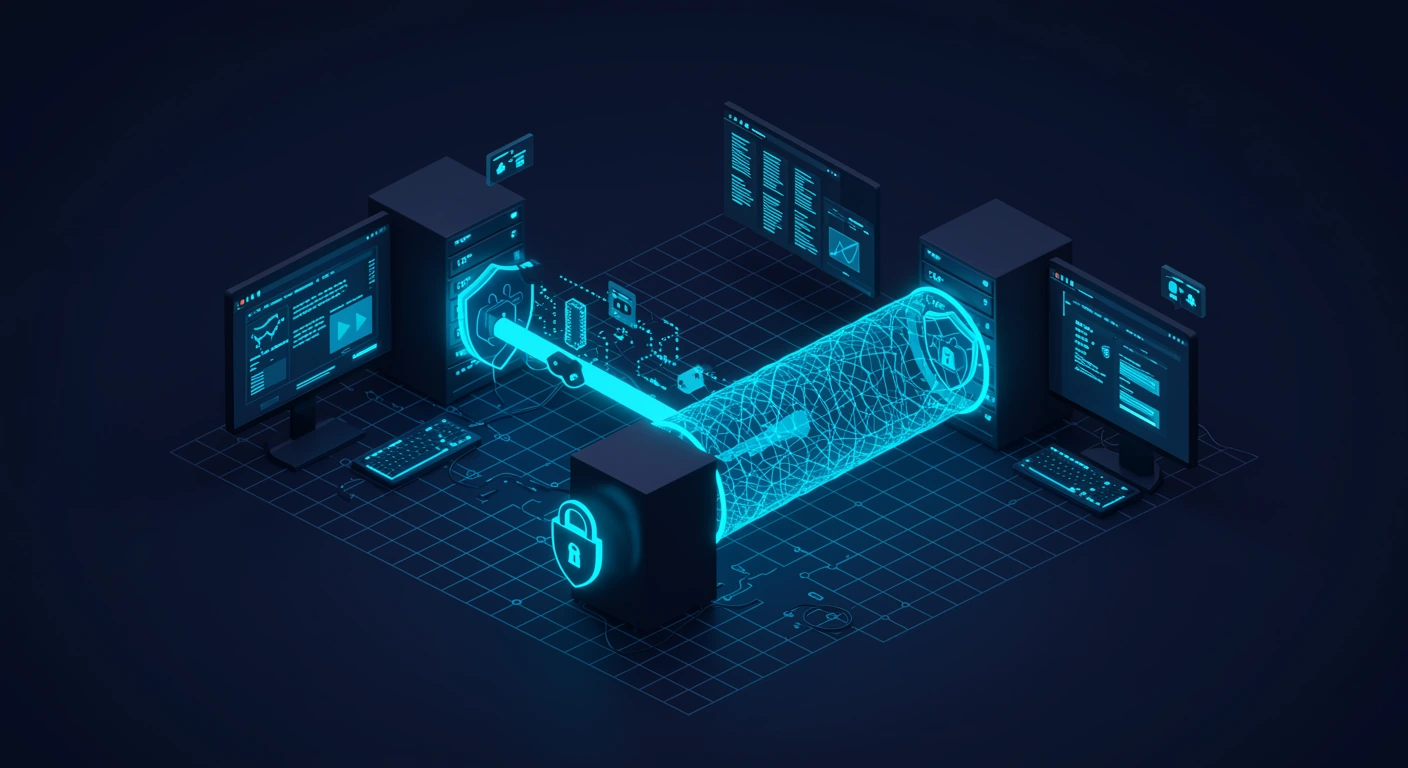 Two server endpoints are joined by an encrypted tunnel; each data packet travels inside wrapped in a protective shield.