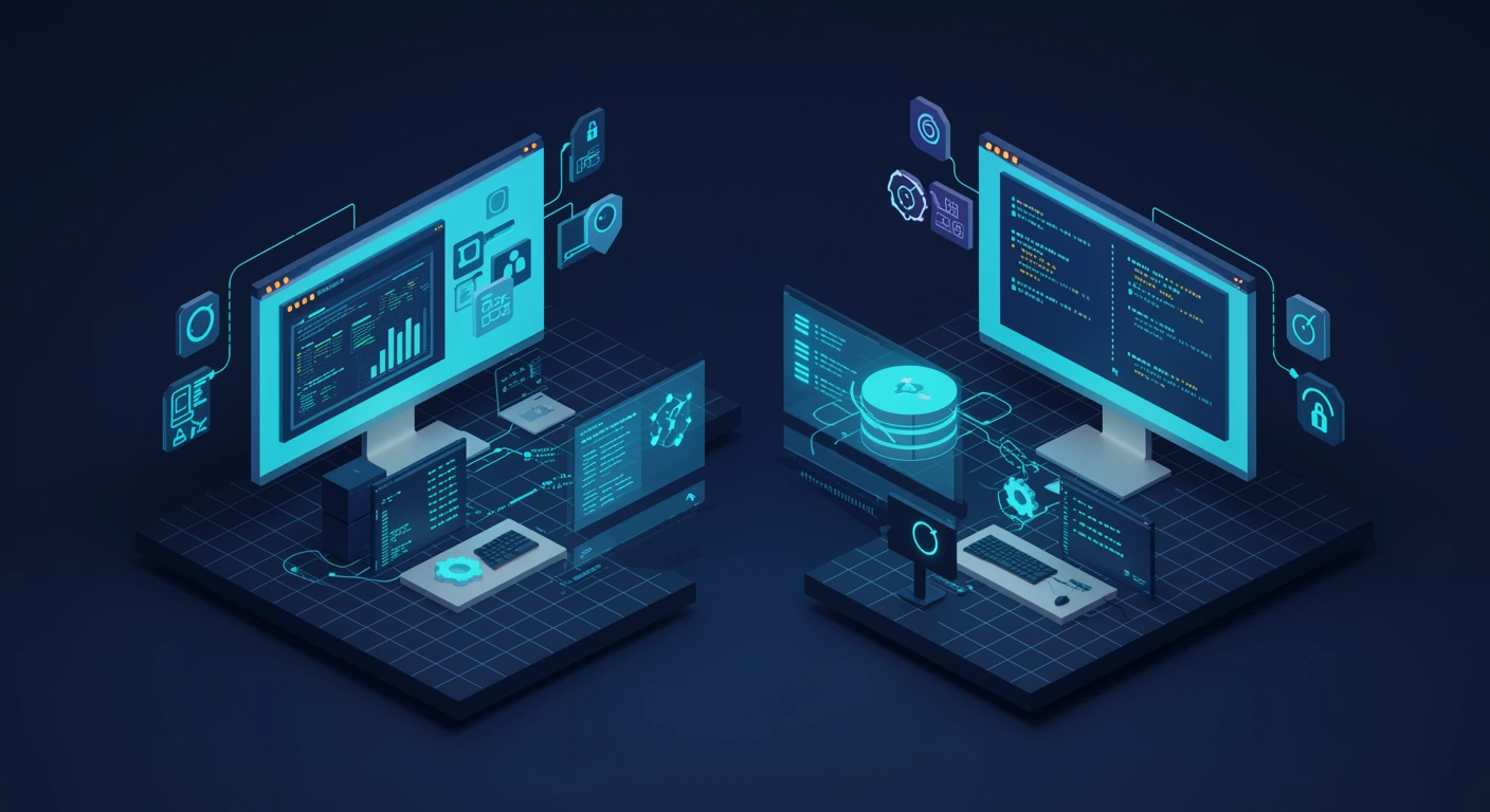 A graphical management console on the left and a command-line terminal on the right both point at the same network build.