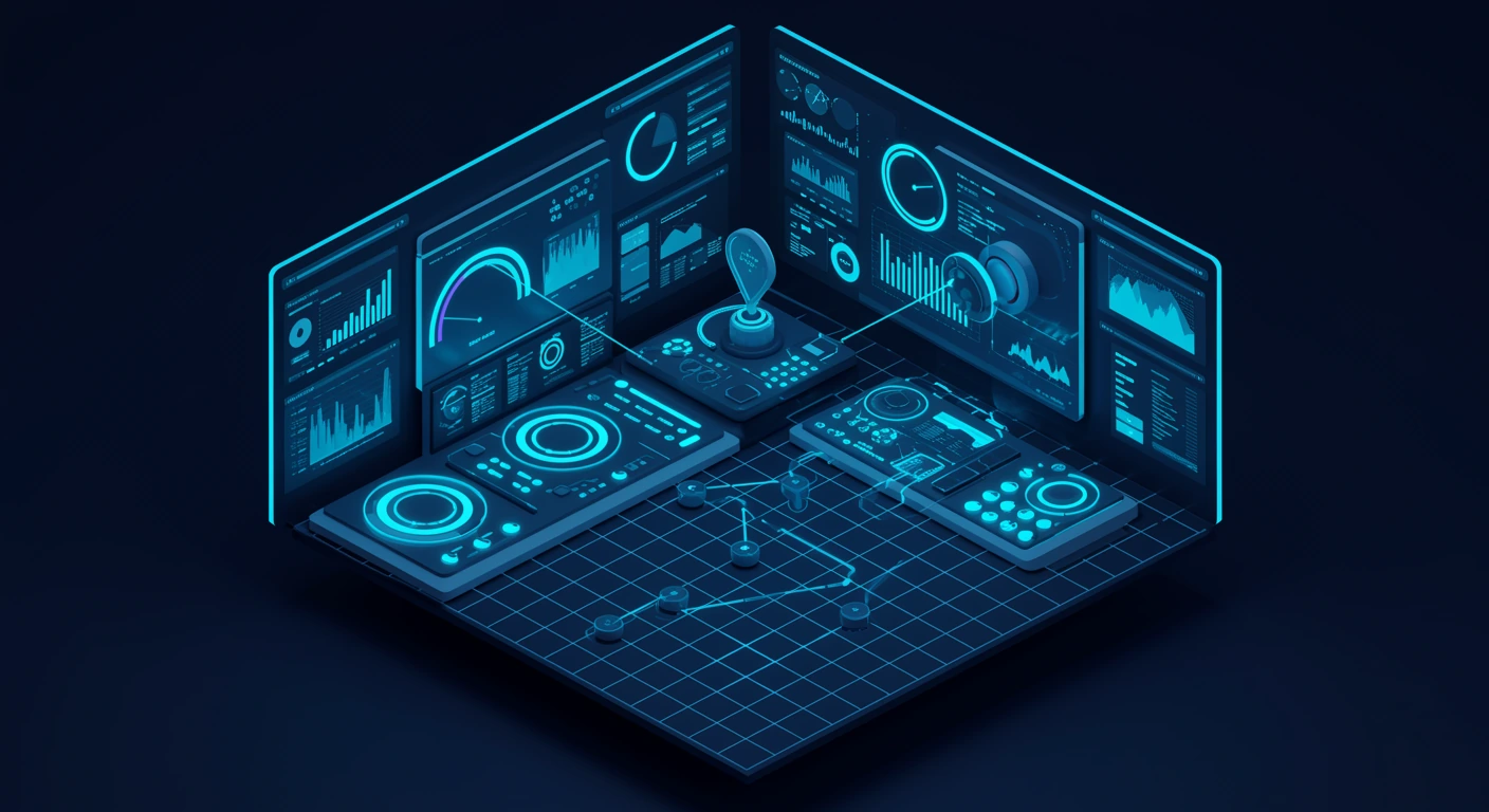 A diagnostic console of gauges and signal meters probes a network of connected nodes.