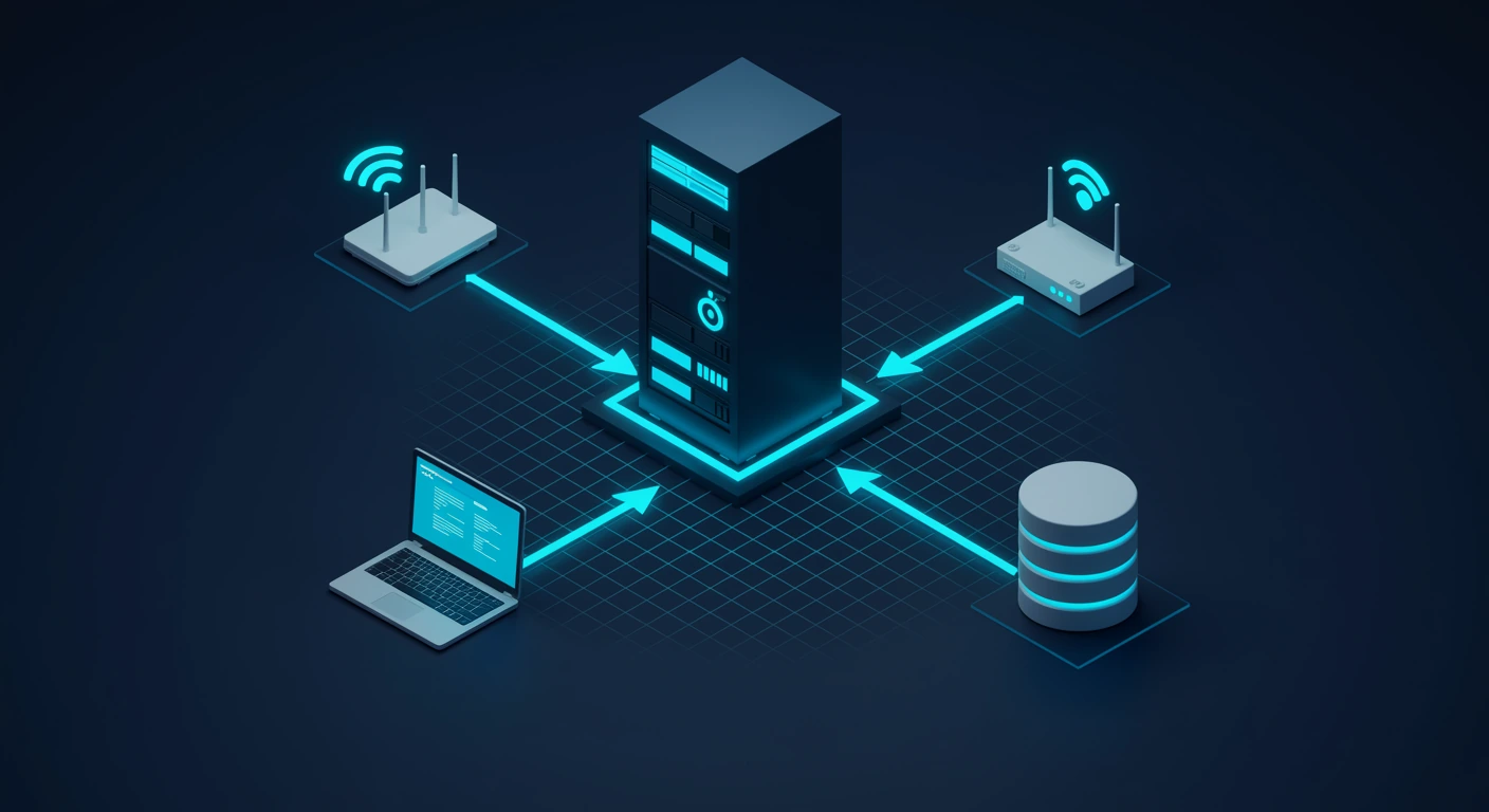 A laptop, wireless access point and gateway all send requests to a central authentication server that checks a directory.