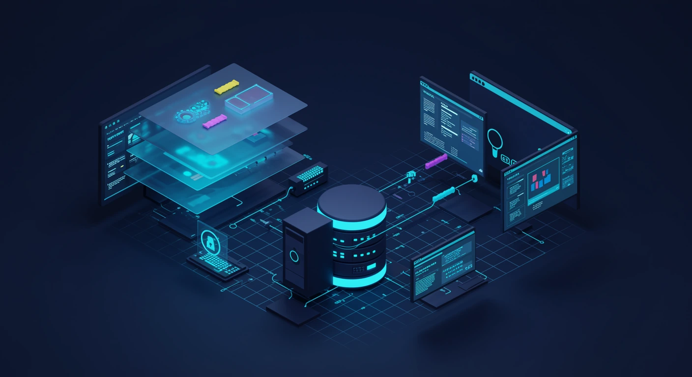 Translucent virtual network layers float above a single physical server fabric, with encapsulated packets traveling the virtual layers.
