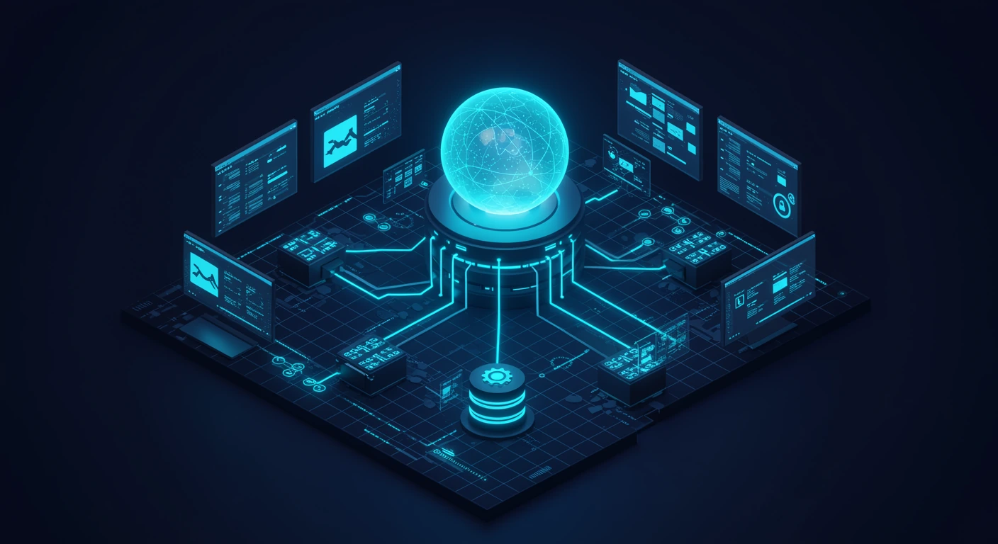 A central controller orb sends orchestration lines down to a fabric of interconnected switches and virtual segments.