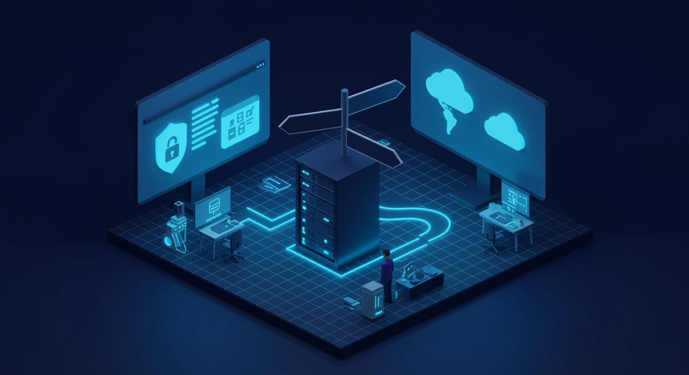 One hostname resolves down two paths: internal clients to a private IP, external clients through the cloud to a public IP.