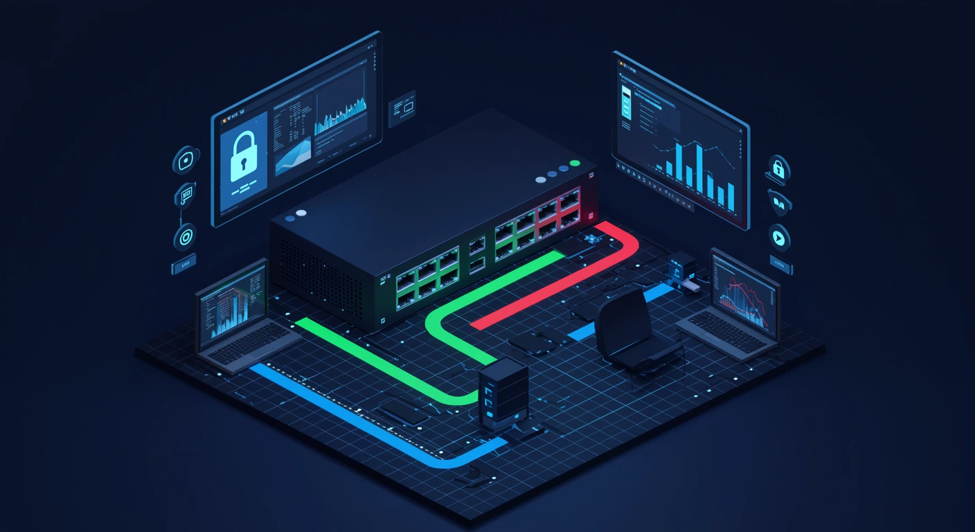 A single switch carries several colored, isolated lanes of traffic, each a separate VLAN segment.