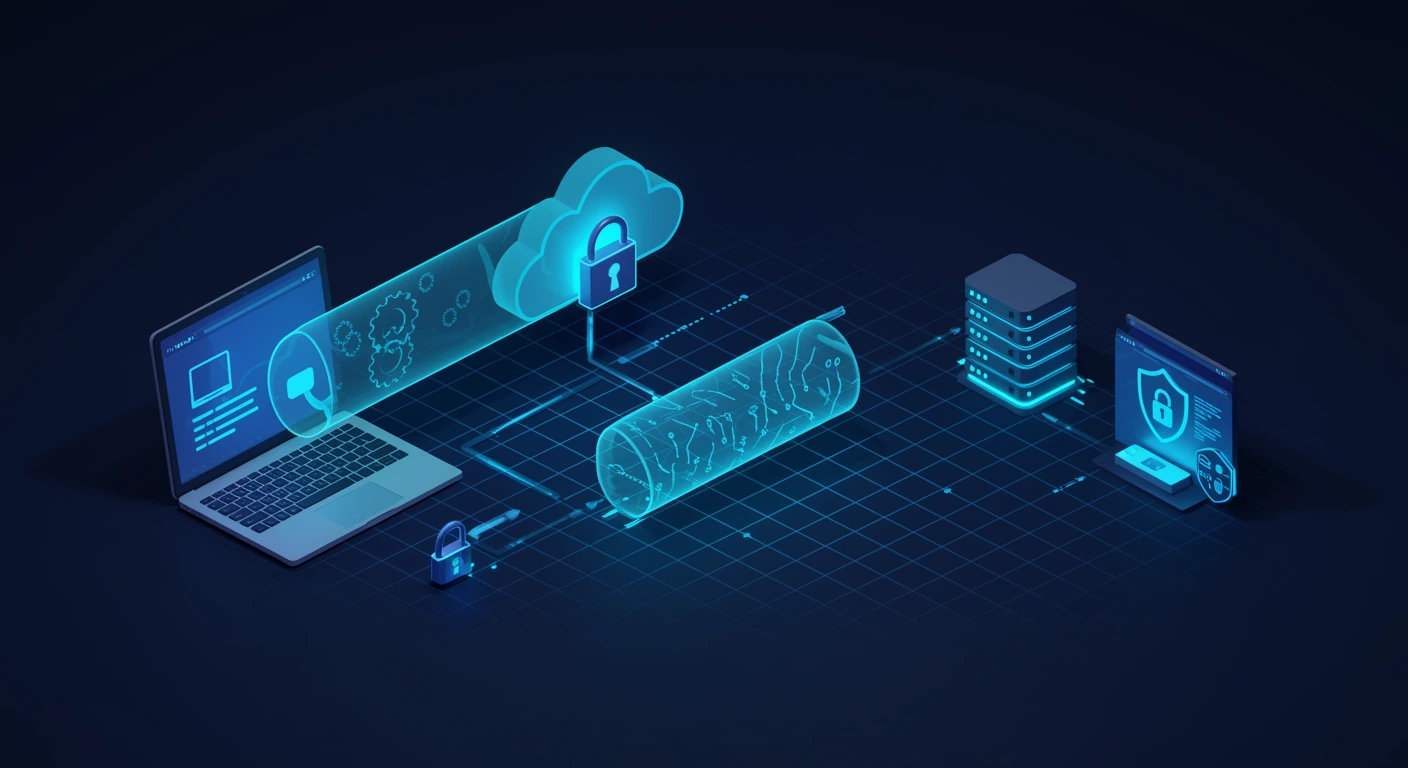 A remote laptop connects through an encrypted tunnel across a cloud to a corporate gateway server.
