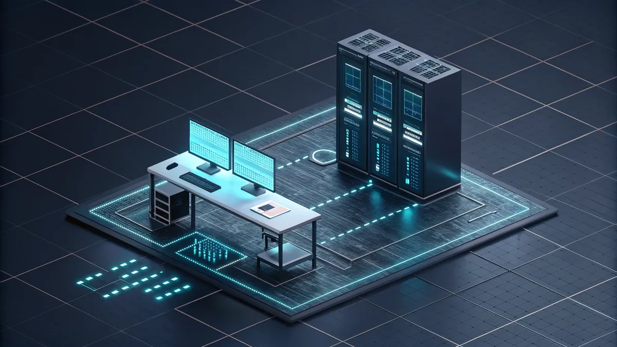 A lab workbench with a console and a multi-site topology hologram, ready to start.